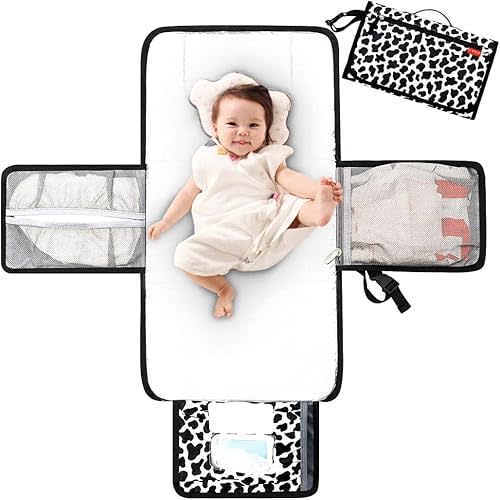 Lekebaby Portable Diaper Changing Pad Travel Baby Change Mat With Wipe-Pocket And Head Cushion, Cow stria