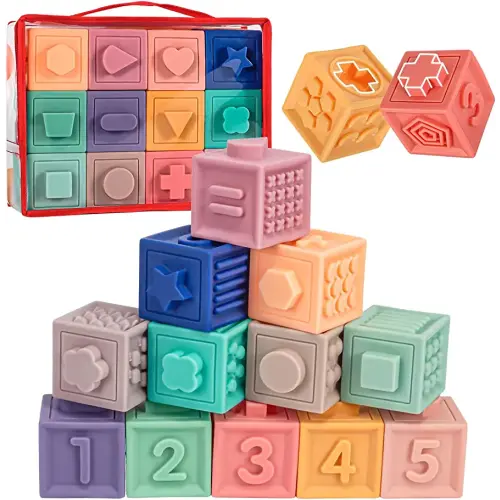 0-3 Yrs; SpringFlower Baby Soft Stacking Blocks, Baby Toys for 0 6 9 12 Months, Baby Teething Building Blocks, Educational Sensory Toys Gifts for Toddlers 1-3, 12pcs