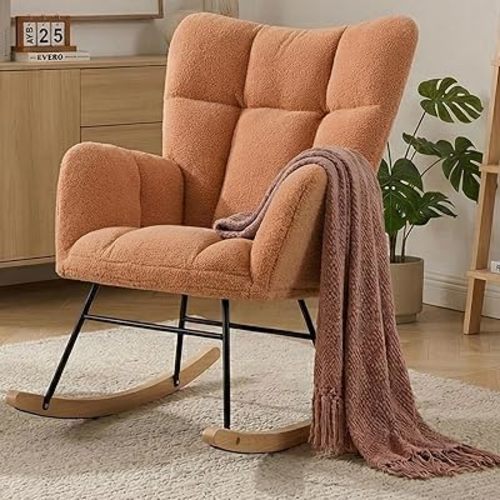 Nursery Rocking Chair, Teddy Upholstered Glider Chair with Thick Cushion, Tufted Gliding Rocker Chair with Wood Leg, Cozy Rocking Armchair, Accent Rocking Chair for Living Room (Kahaki)