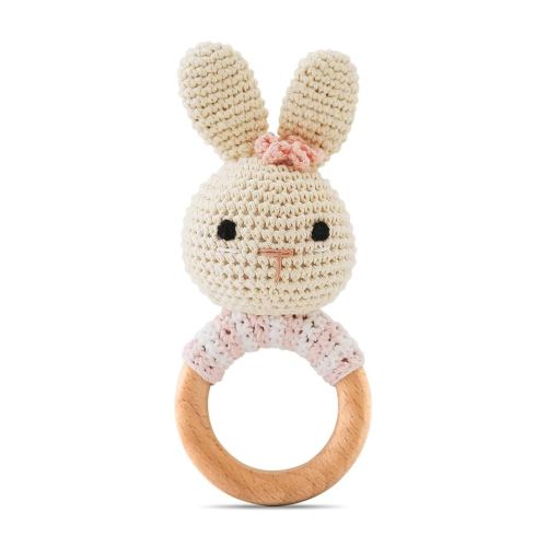 Wooden Baby Rattle,Crochet Bunny Rattle with Wood Ring, Newborn Wooden Animal Rattle Toy,Infant Bunny Wood Rattle Toys,Bunny-2