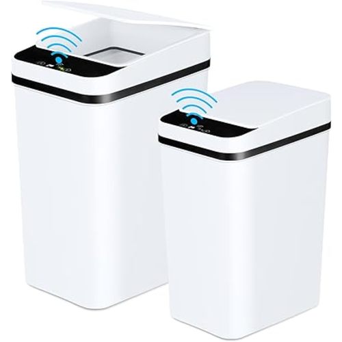 Diaper/ Trash Cans with Lid 2 Pack Touchless Automatic Motion Sensor 2.2 Gal & 4 Gal Small Garbage Can, Smart Electric Narrow Garbage Bin for Bedroom Office Kitchen (White)