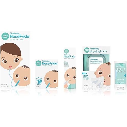 Frida Baby Cold and Flu Relief Set, Congestion Relief Kit, Includes the NoseFrida Nasal Aspirator, Hygiene Filter, Saline Nasal Spray, Baby Vapor Rub & Vapor Nose & Chest Wipes