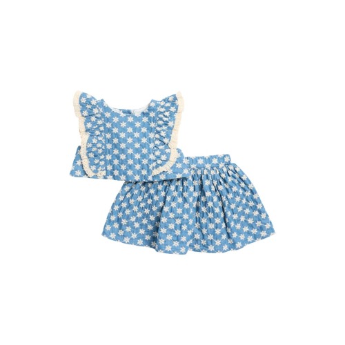 Embroidered Chambray Ruffle Top & Skirt Set