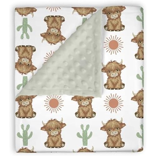 EyMzcod Mink Baby Girl Blanket Highland Cow Cactus Sun Cowgirl, Boho Western Animal Lover Soft Double Layer Dotted Backing Receiving Blankets, Yellow Newborn Infant Toddler Nursery Crib Bedding 30x40