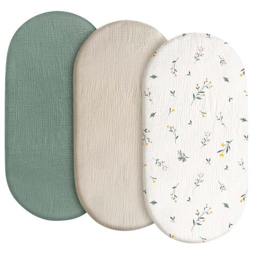 Gllquen Baby Muslin Cotton Bassinet Sheets 3-Pack for Newborn Infant Baby Boys Girls Hourglass Oval Rectangular Cradle Pad Sheets 33"X17", Leafy Green
