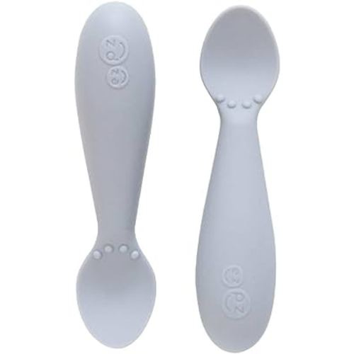 ezpz Tiny Spoon (2 Pack in Pewter) - 100% Silicone Baby Spoon for Baby Led Weaning + Purees - 6 months + - Designed by a Pediatric Feeding Specialist - Baby Essentials & Baby Gifts