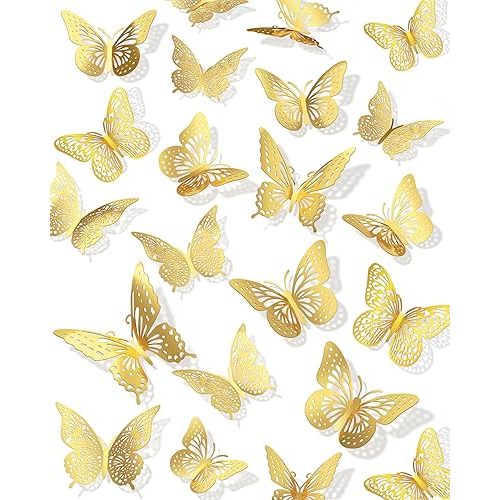 72Pcs 3D Butterfly Wall Decor, Gold Butterfly Fathers Day Decorations, 4 Styles 3 Sizes Removable Butterfly Room Decor Butterfly Wall Stickers for Birthday Party Garden Tea Cake Flower Decorations