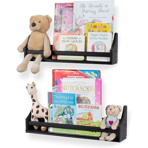 brightmaison Nursery Décor Black Wall Shelf Floating Bookshelf for Baby & Kids Room, Book Organizer Storage Molding Style Display Holder for Toys, CDs, Monitor - Ships Assembled (Set of 2)