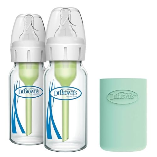 Dr. Brown's Natural Flow Anti-Colic Options+ Narrow Glass Baby Bottle 4 oz/120 mL & Natural Flow Options+ Glass Baby Bottle Sleeves,100% Silicone,4 oz,Narrow,Mint