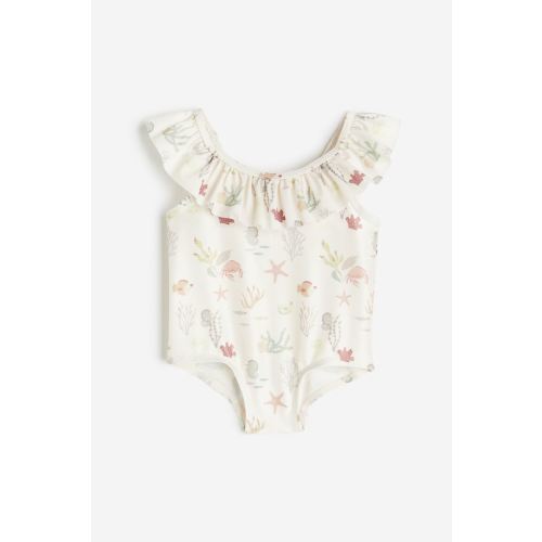 Flounce-trimmed Swimsuit, Light beige/patterned