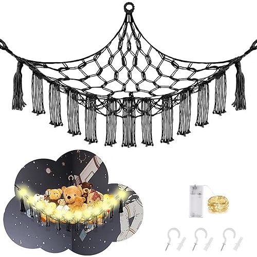 Stuffed Animal Hammock with LED Light, Large Stuffed Animals Storage Corner Plushie Net for Kids Room Decor, Black