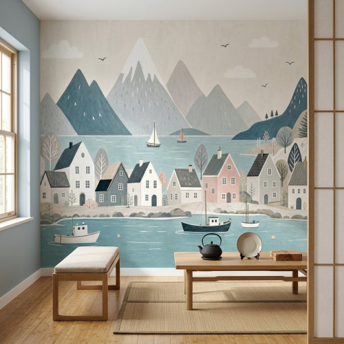 Corrigan Studio® Scandinavian Fjord Wallpaper Coastal Village Watercolor Illustration Wall Mural | Wayfair