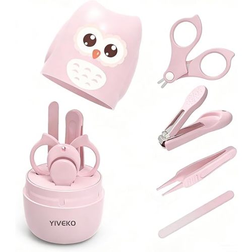 Baby Nail Kit, 4-in-1 Baby Nail Care Set with Cute Case, Baby Nail Clipper, Scissors, Nail File & Tweezers, Baby Manicure Kit and Pedicure kit for Newborn, Infant, Toddler, Kids-Owl Pink