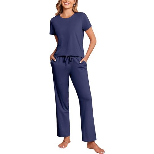 Ekouaer Cotton Pajamas Short Sleeve T-Shirt Top and Long Pants Pj Sets Sleepwear Loungewear for Women