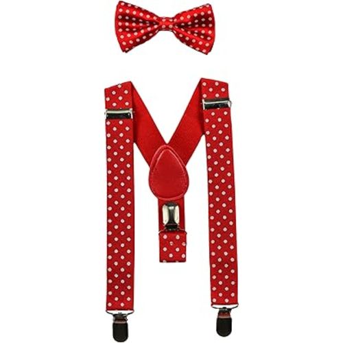 Baby Suspenders and Bow Tie Set (Elastic Adjustable-Fits Baby to Toddler) (Red with White Polka Dots)