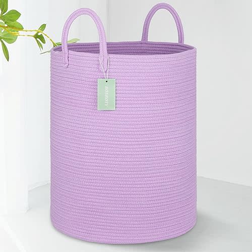 Large Cotton Rope Laundry Hamper 65L, Baby Nursery Hamper Bin with Handles, Woven Storage Basket for Living Room Bedroom, Tall Blanket Basket for Storage Toys Clothes Towels, 16”x 20”, Purple