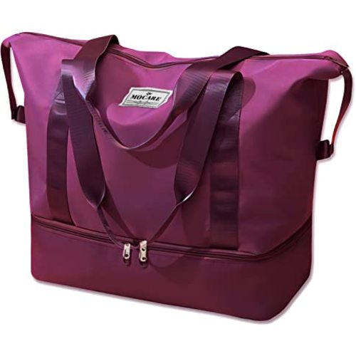 MOCARE Travel Duffel Bag, Sports Gym Tote Carry on Bags for Women, Foldable Lightweight Overnight Shoulder Weekender Shopping Hospital Handbag with Shoes Compartment (Purplish Red)