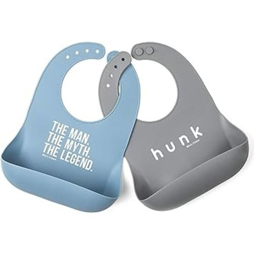 Bella Tunno Wonder Bib 2pk - Adjustable Silicone Baby Bibs for Girls & Boys, Durable and Waterproof BPA Free Silicone, The Man & Hunk