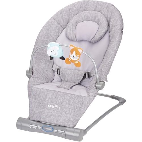 Evenflo Lyric Musical Bouncer, 2-Speed Vibration Mode, 3-Position Recline, Bluetooth Speaker, Flat-Folding, Easy to Clean, 3-Point Harness, Removable Toy Bar, Infant Headrest, Gray Melange