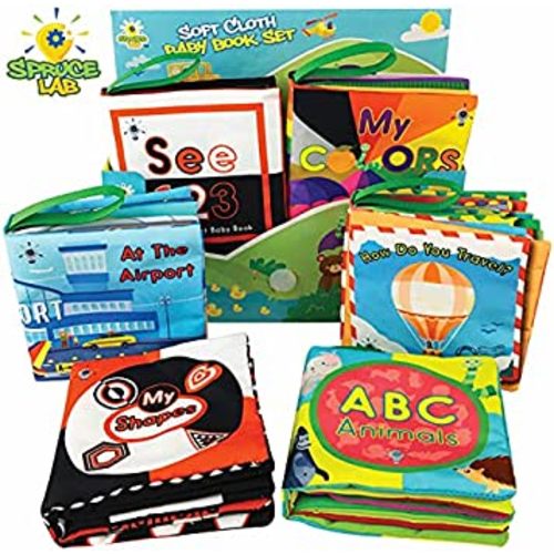 Educational Soft Baby Books - 6 Cloth Book Set - Early Learning Sensory Development for Babies - Crinkle Touch and Feel Toddler Toy - High Contrast Infant Toys - Boy/Girl Baby Shower 0-2 yr
