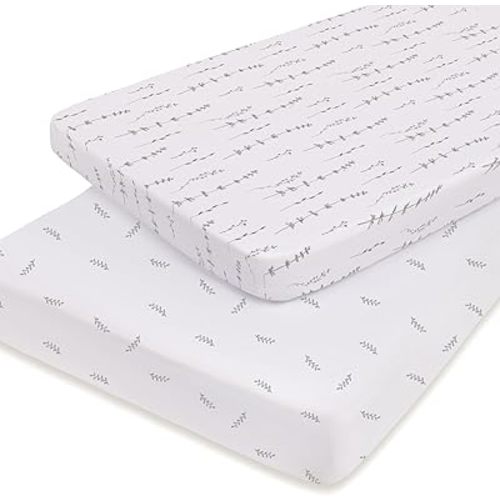 Pack and Play Sheet 2 Pack - Pack and Play Sheets Fitted with 100% Jersey Cotton - Pack N Play Mattress Sheets for Boys and Girls, Newborn Essentials (Neutral Forest Grey Floral and Leaves)