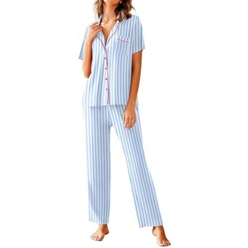 Avidlove Women Pajamas Set Notch Collar Soft Sleepwear Pjs Short Sleeve Button Down Nightwear with Long Pants