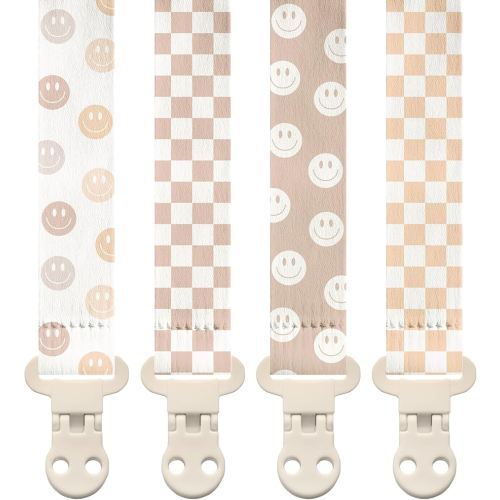 Stadela Baby Pacifier Clip Holder - Girl or Boy Unisex 4 Pack Gift Set - Retro Checker and Smiley Faces Design