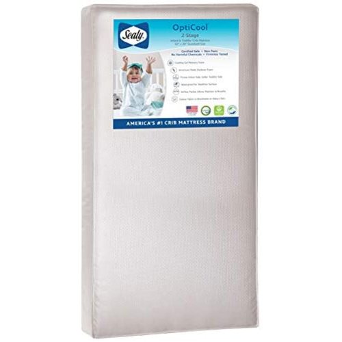 Sealy Baby OptiCool 2-Stage Dual Firmness Waterproof Standard Toddler & Baby Crib Mattress - Lightweight Soybean Cool Gel Memory Foam, 51.7” x 27.3"