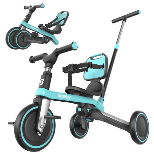 Besrey 5-in-1 Toddler Tricycle for 1-3 Years Old Boys and Girls with Push Handle and Backrest,Kids Bicycles,Toddler Trike,Green