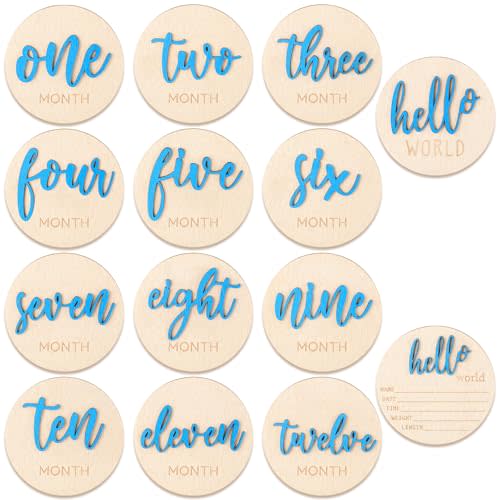 7 PCS Baby Monthly Milestone Wooden Signs 3D Girl Baby 1-12 Months Announcement Card Sign Wood Markers Disc Block Keepsake Double Sided Engraved Keepsake Photo Prop (Blue)