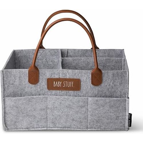 Rae Dunn Baby Diaper Caddy Organizer, Nursery Storage for Changing Table and Car, Portable Basket for Items, Shower Gifts, Grey Felt With Leather Handles, Small
