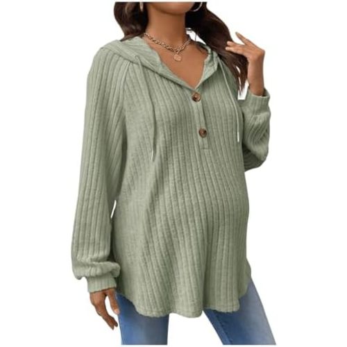 MakeMeChic Women's Maternity Sweatshirt Drawstring Button Long Sleeve Knitted Hoodie Pullover Sweater Pregnancy Tops
