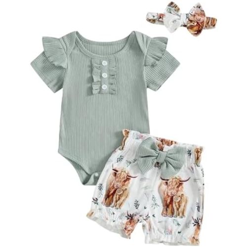 MERSARIPHY Newborn Baby Girl Summer Clothes Rib Knit Romper Floral Cow Shorts Set Western Cowgirl Outfit 0 3 6 12 18 Months