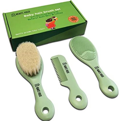 3 Piece Baby Hair Brush & Comb Set for Newborns- Soft Goat Bristle Hair-Brush, Silicone Bath Brush and Plastic Comb for Infant, Toddler, Kids - Baby