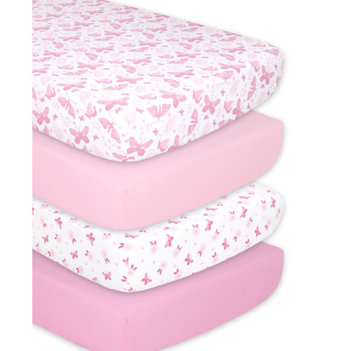 The Peanutshell Fitted Crib Sheets for Baby Girls, 4 Pack Set, Pink Butterfly
