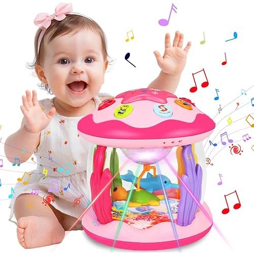Hapyland Baby Toys 6-12 Months Girl Gifts: Babies Ocean Rotating Light Up Musical Toys for Toddlers 1 2 Year Old Crawling Learning Infant Toy 6 7 8 9 10 11 12 Months Old Baby Girl Gift (Pink)
