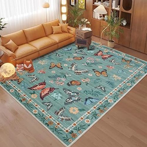 Insect Floral Area Rug for Living Room 6x9 Machine Washable Area Rug Non-Slip Low Pile Large Bedroom Rug Stain Resistant Throw Rug Carpet for Nursery Dining Room Kids Playroom Office Green
