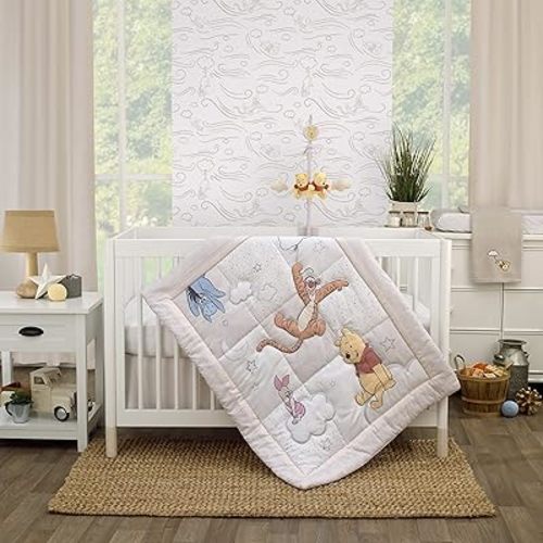Disney Winnie The Pooh - Blustery Day Grey and White Clouds with Piglet, Tigger and Eeyore 3 Piece Nursery Crib Bedding Set - Comforter, Fitted Crib Sheet and Crib Skirt