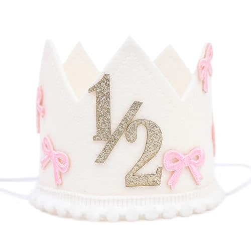 Jissoo Bow 1/2 Birthday Crown - 6 Months Birthday Decorations,Little Princess Crown for Cake Smash,Sweet Hat Photo Props,Pink Bow Half Way to One Decoration