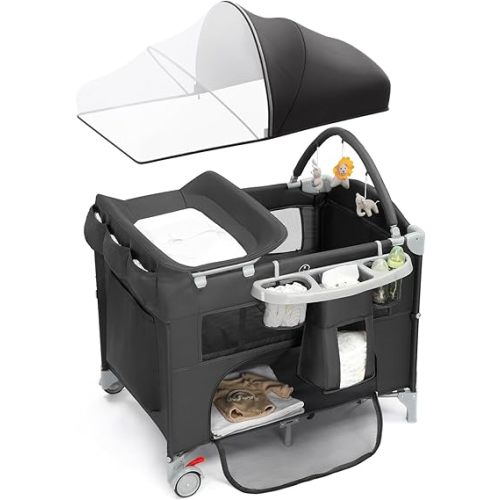 Ktaxon 5 in 1 Bedside Bassinet, Pack and Play, Bedside Crib with Diaper Changer, Spacious Storage Basket, Protective Mosquito Net, Engaging Toy Bar and Travel Bag for Newborn to Toddler(Black)