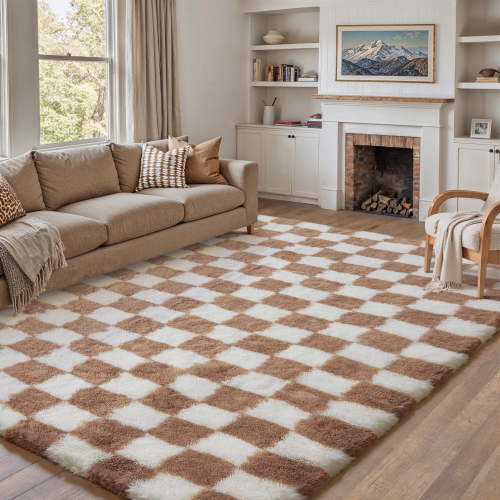 BERTHMEER 6'×9' Brown Checkered Fluffy Shag Area Rugs for Living Room Nursery Bedroom Geometric Modern Contemporary Fuzzy Flush Rugs Carpets