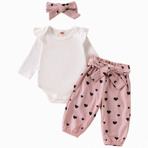 CAICJ98 Baby Girl Fall Outfit Ruffle Long Sleeve Ribbed Romper Heart Print Pants Tie Headband Winter Spring Clothes Set (Pink,0-3 Months)