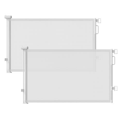 Retractable Baby Gates 2 Pack, 55" Wide Mesh Dog Gate Indoor | 34" Tall Gate for Stairs Doorways Hallways Deck, Child Pet Safety Gate for Indoor Outdoor Home Use, White
