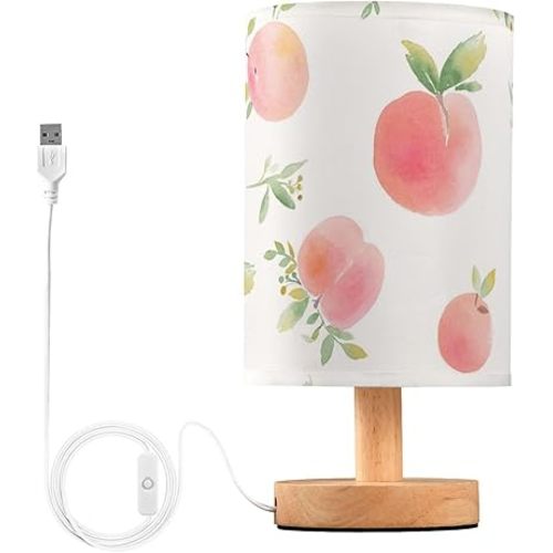 Bedside Table Lamp Peach Watercolor Fruit Leaves Pink Nightstand Lamp with Wood Desk Lamps for Bedroom Living Room Nursery Office Home Decor