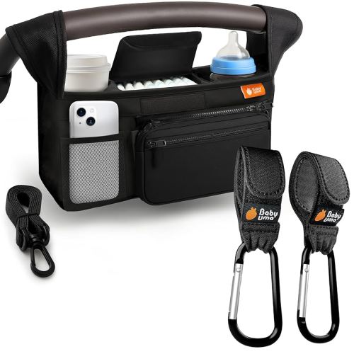 Baby Uma Stroller Caddy & Stroller Hooks - Universal Organizer Bag with XL Insulated Cup Holder, Phone Pocket, Wipes Dispenser, Wrist Bag & Mesh Pocket + 2 Carabiner Clips, Baby Travel Essential Kit