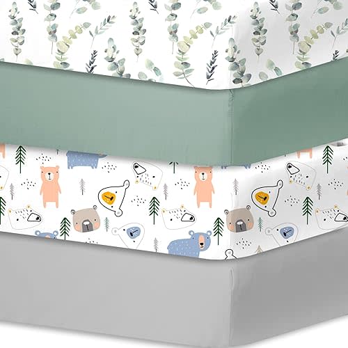 bimocosy Fitted Crib Sheets for Boys Girls 4 Pack, Size 28"x 52" for Standard Crib and Toddler Mattresses, Super Soft Breathable Microfiber Baby Crib Mattress Sheet, Leaf/Bear/Gray/Green