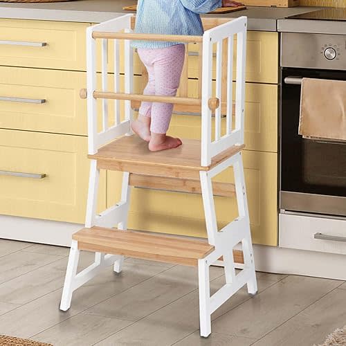 COSYLAND Kids Kitchen Step Stool, Toddler Standing Tower with CPC & FSC Certification, Removable Anti-Drop Railing Safety Rail Enjoys Unique Patented Design A Anti-tip Stable Structure Natural & White
