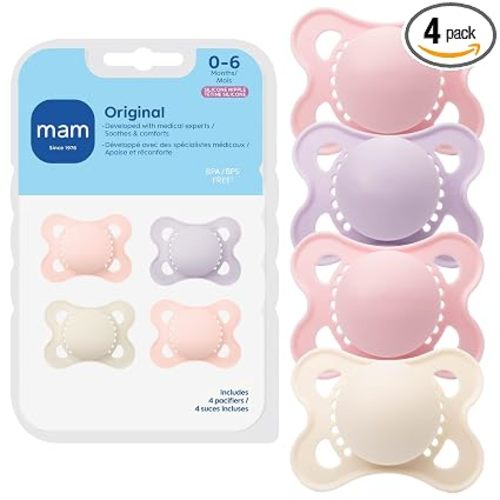 MAM Original Baby Pacifier 0-6 Mths, Skin Soft Silicone Nipple, 4 Pack | For Newborn Babies, BPA-Free Skin Soft Silicone Nipple, Developed With Medical Experts, Easy to Clean, Made In Europe