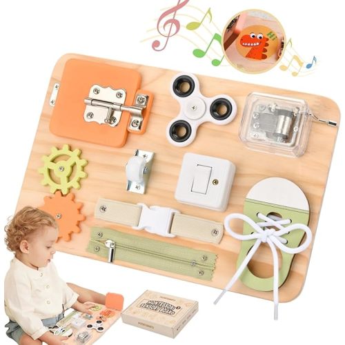 Montessori Toys for Tooddlers- Busy Board for 1 2 3 4 Years - Educational Fidget Toy for Baby - Wooden Sensory Toys for Autistic Children - Preschool Activities - Fine Motor Skills – Travel Toy
