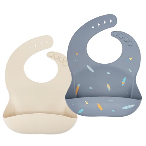 AVA + OLIVER Waterproof Silicone Bib Set with Adjustable Neck Closure - Durable Silicone Bibs for Babies - Set of 2